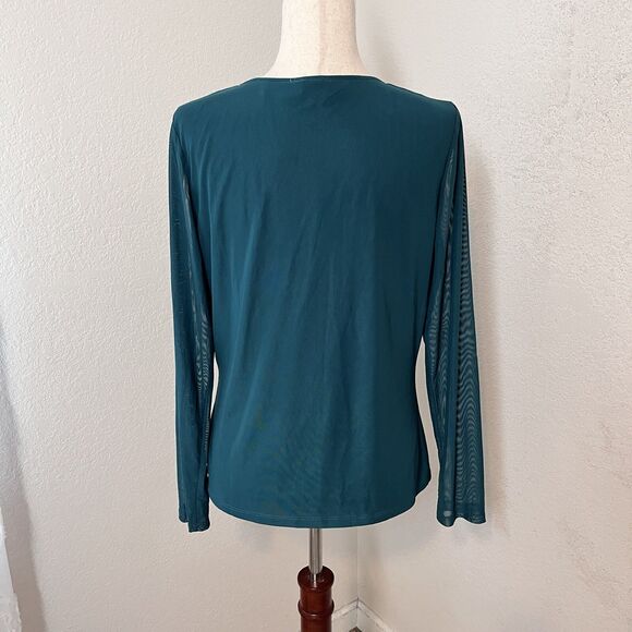 NWOT Kaileigh Women XL Jersey Knit Blouse Mesh Long Sleeve Blue Crew Neck Stretc - Picture 2 of 7